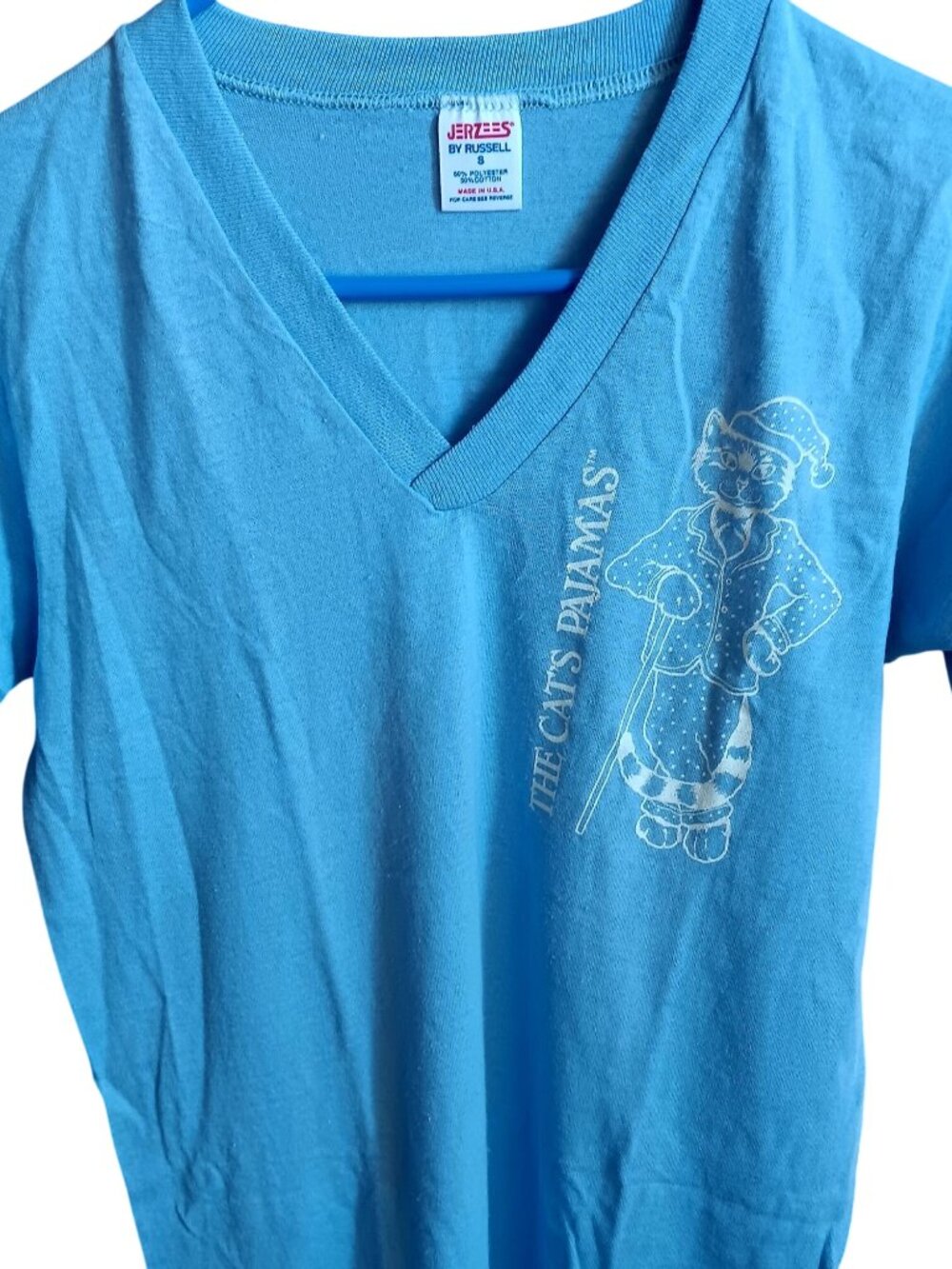 Vintage Sleep T-shirt The Cats Pajamas Jerzees Blue V-Neck USA Single Stitch